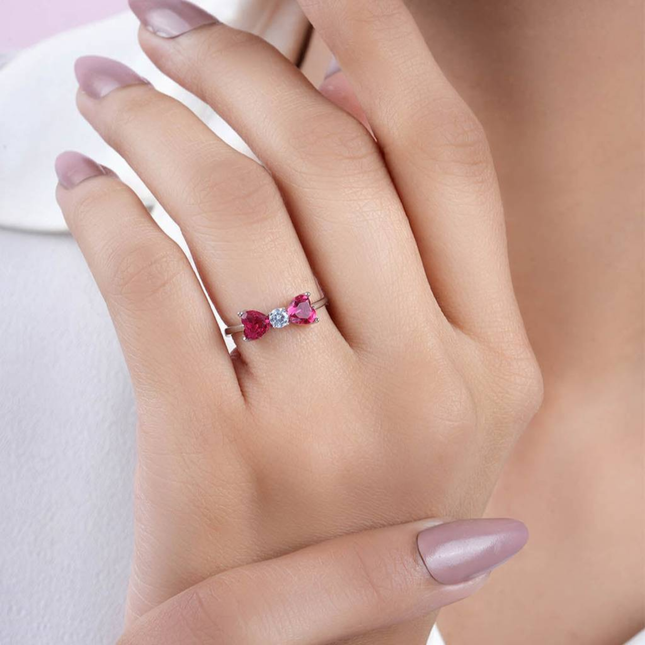 Twin Heart Red CZ Ring in Silver Finish
