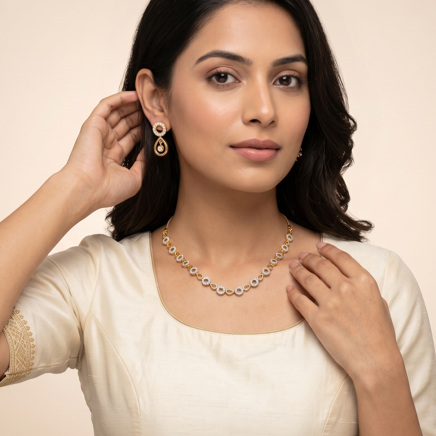 Gold-Tone Teardrop and Circular Stone Necklace Set