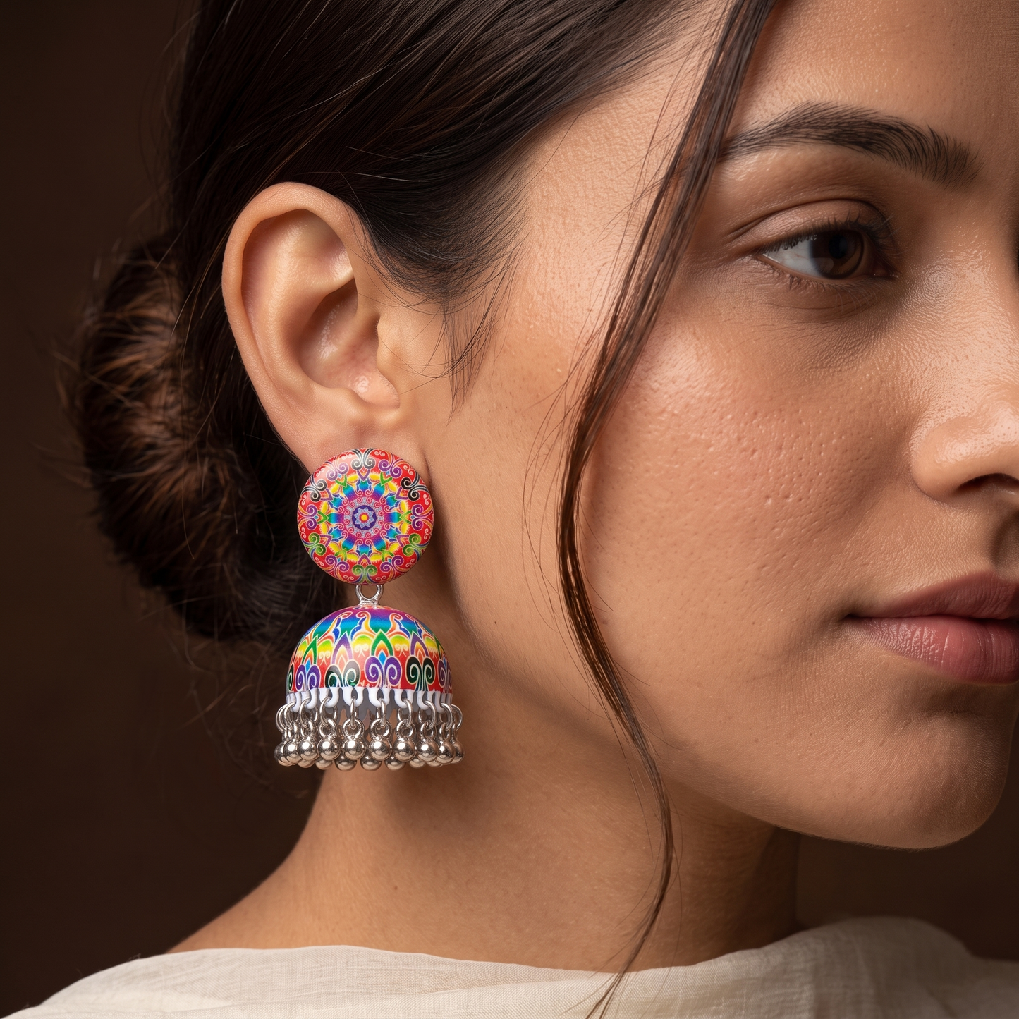 Silver Toned Brass Rainbow Mandala Print Jhumka Earrings
