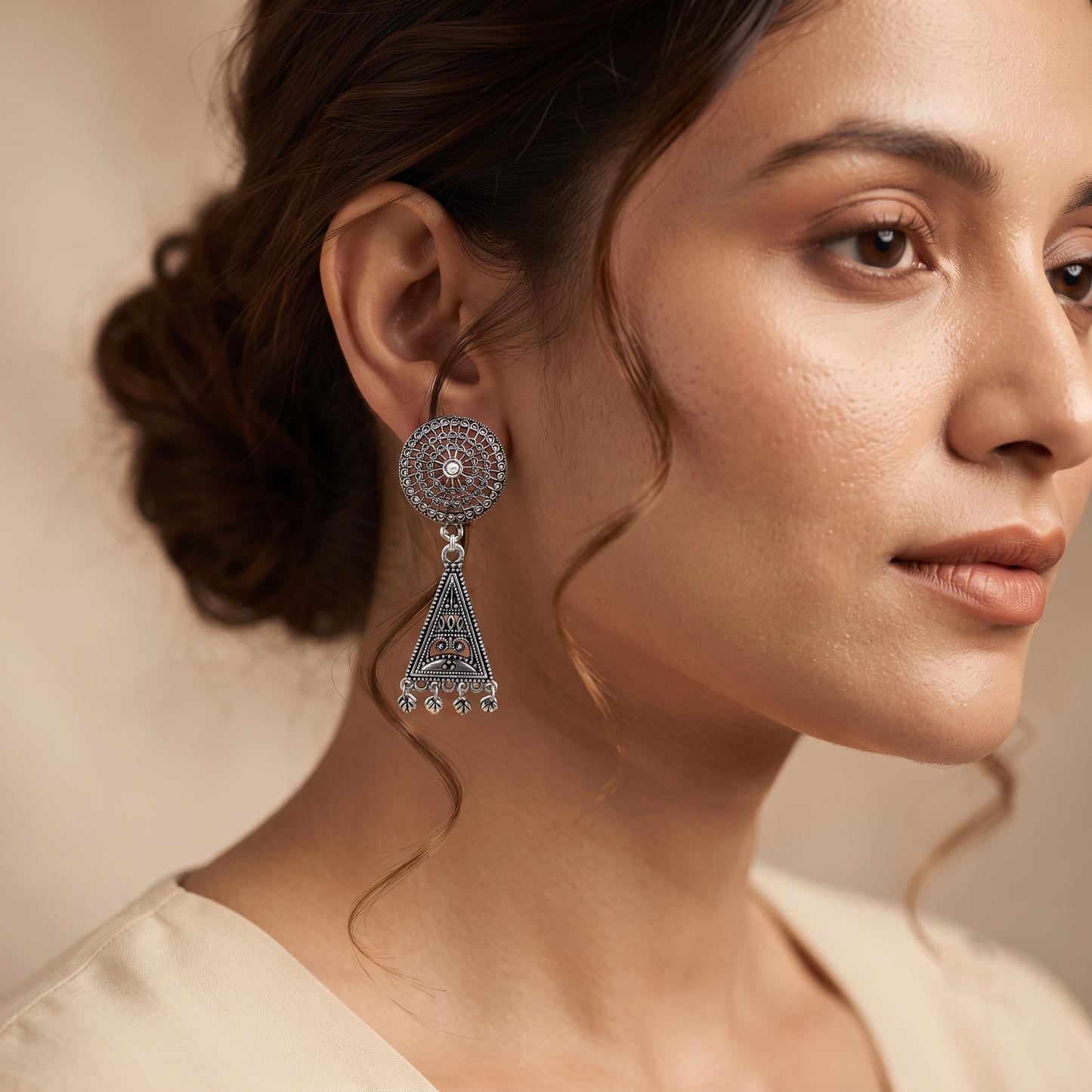 Triangular Filigree Oxidized Earrings