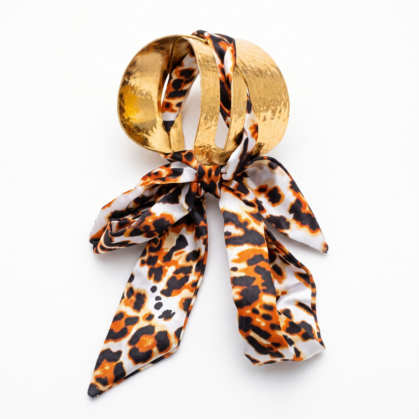 Gold Toned Brass Scalloped Bangle With Printed Scarf Tie