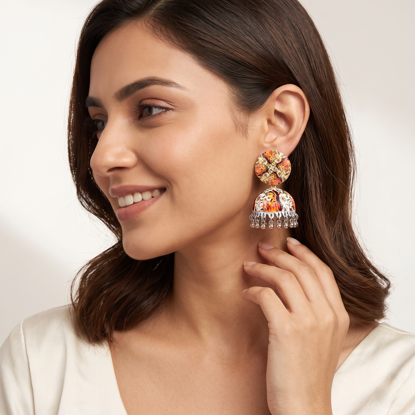 Silver Toned Brass Orange Floral Print Jhumka Earrings