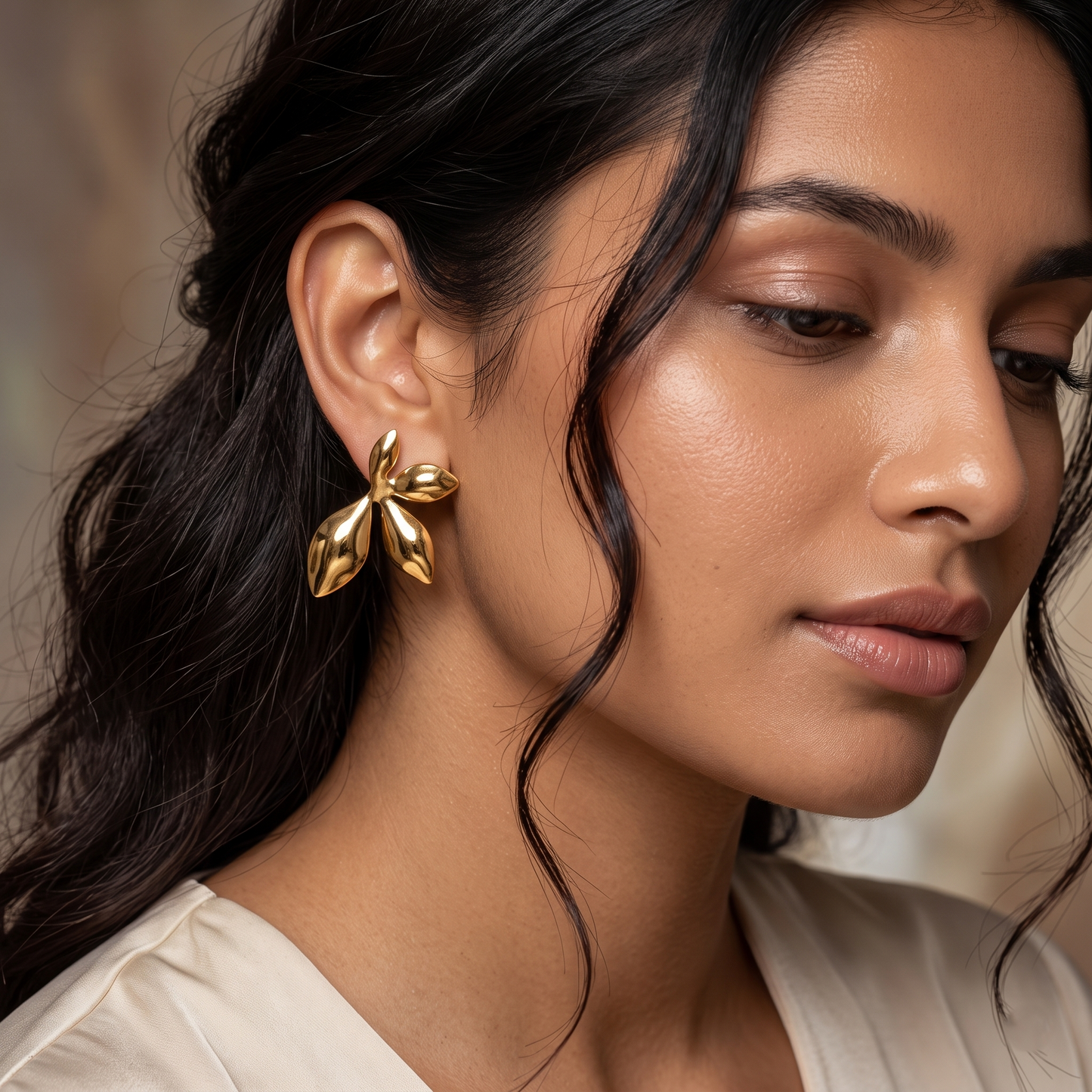 Gold Toned Brass Leaf Stud Earrings