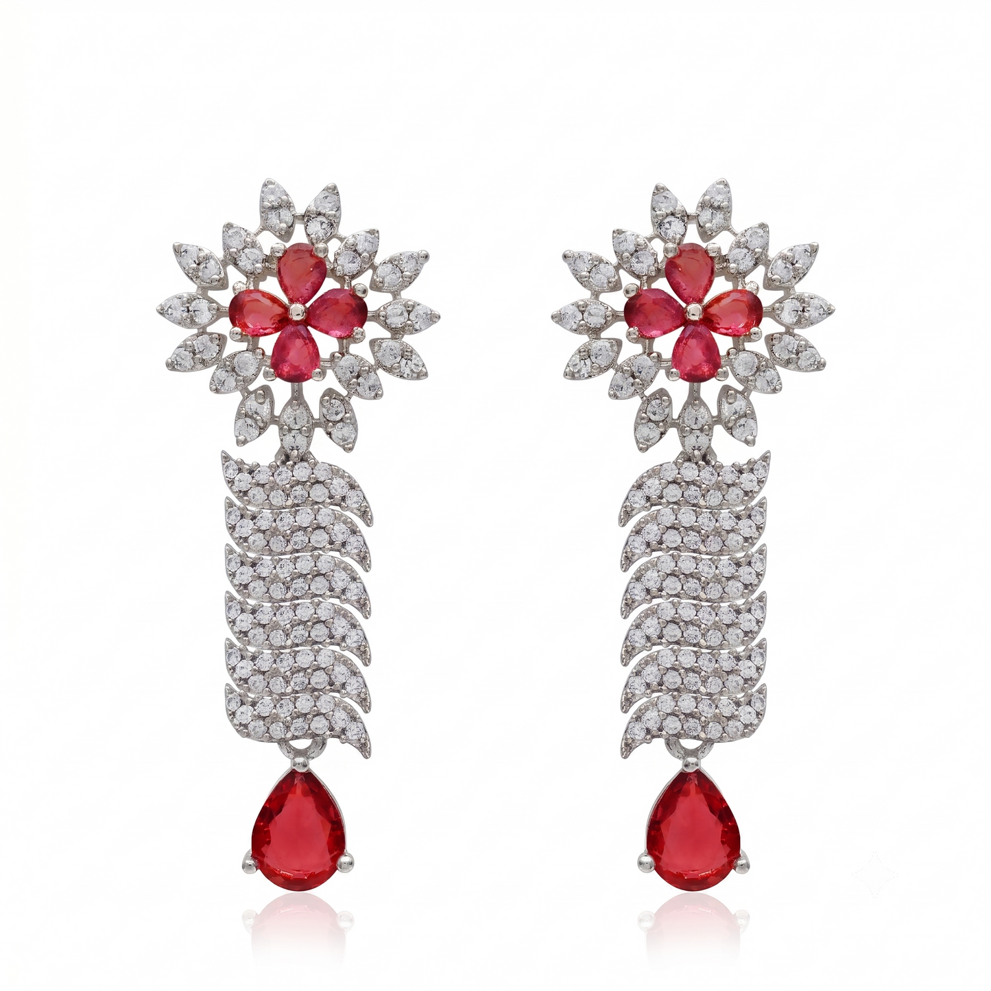 Elegant Silver-Tone Ruby Floral Necklace and Earring Set