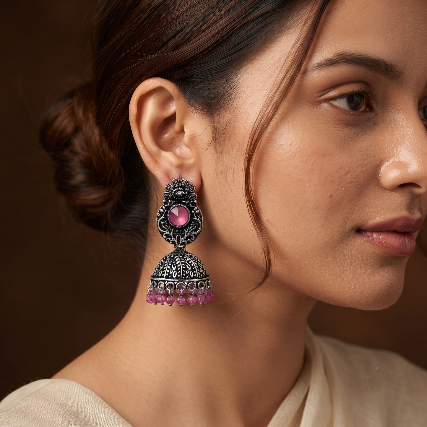 Pink Stone Dangle Jhumka Earrings