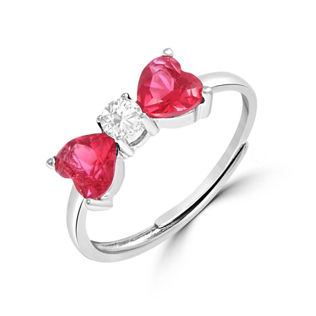 Twin Heart Red CZ Ring in Silver Finish