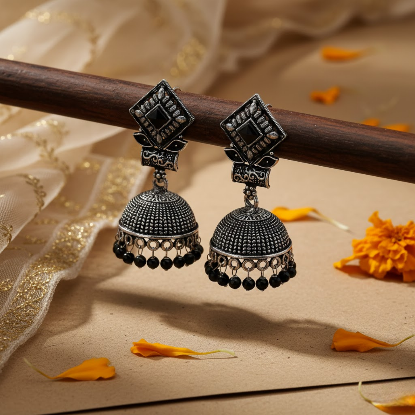 Black Stone Accent Jhumka Earrings