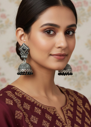 Black Stone Accent Jhumka Earrings By 2wist Designs