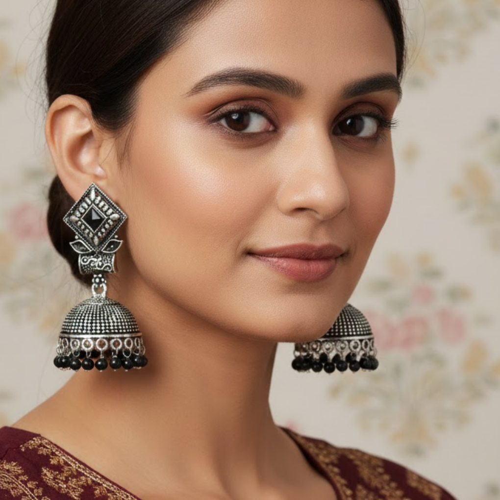 Black Stone Accent Jhumka Earrings