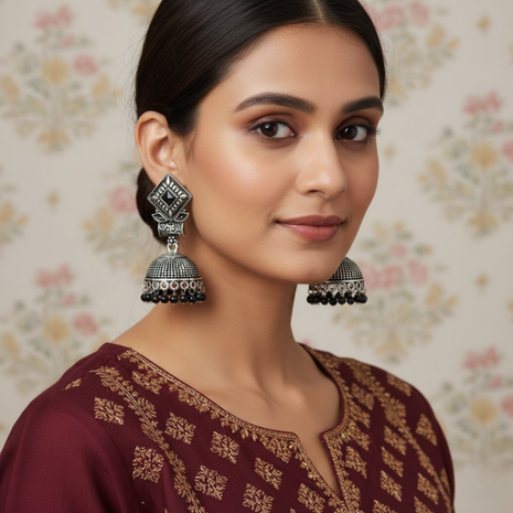 Black Stone Accent Jhumka Earrings By 2wist Designs