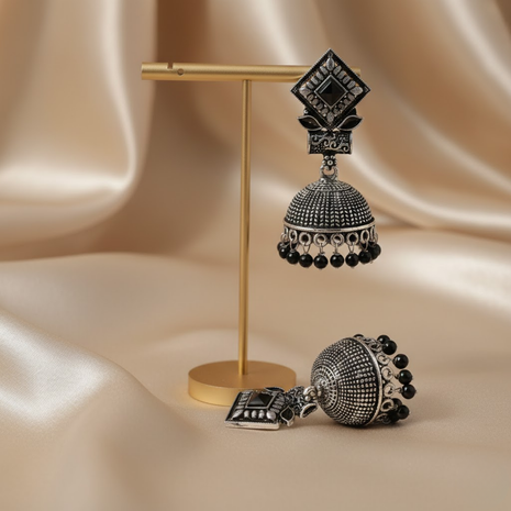 Black Stone Accent Jhumka Earrings By 2wist Designs