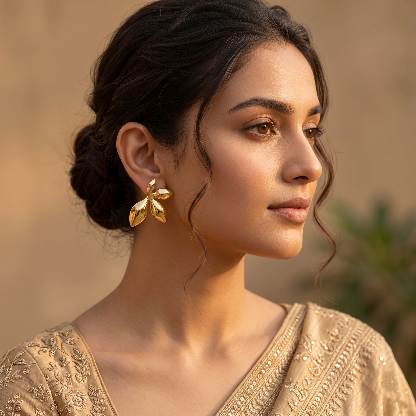 Gold Toned Brass Leaf Stud Earrings