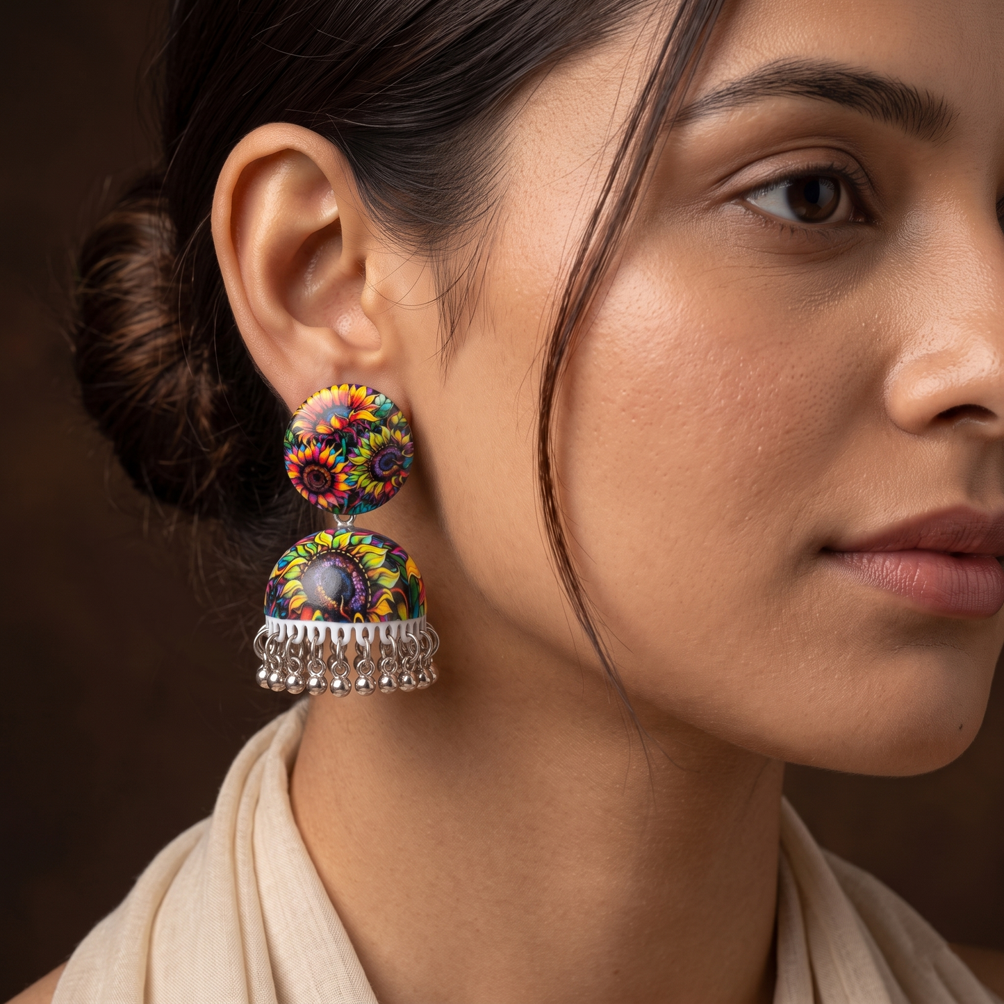 Silver Toned Brass Multicolor Sunflower Print Jhumka Earrings