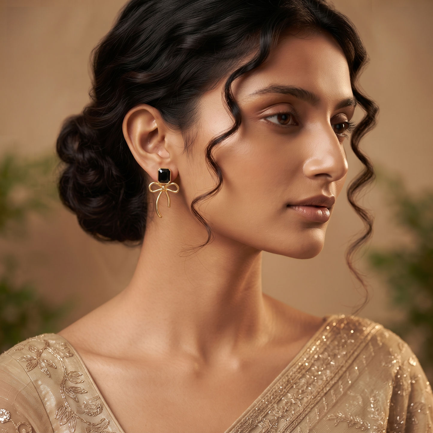 Gold Plated Brass Black Gem Bow Drop Earrings