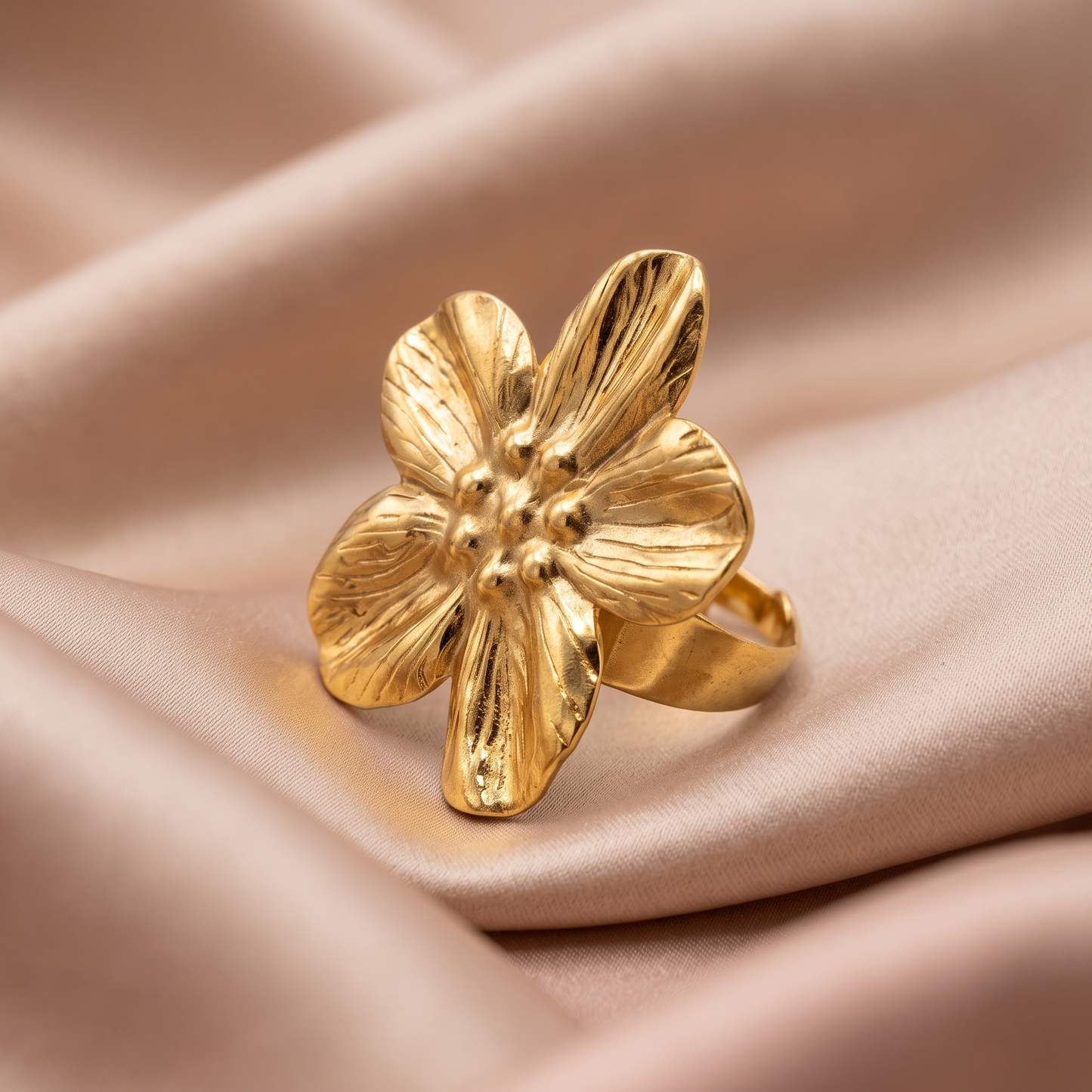 Gold Toned Brass Flower Necklace, Earrings And Ring Set