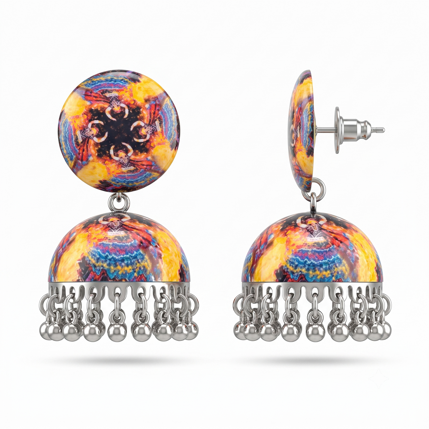 Silver Toned Brass Tribal Print Jhumka Earrings