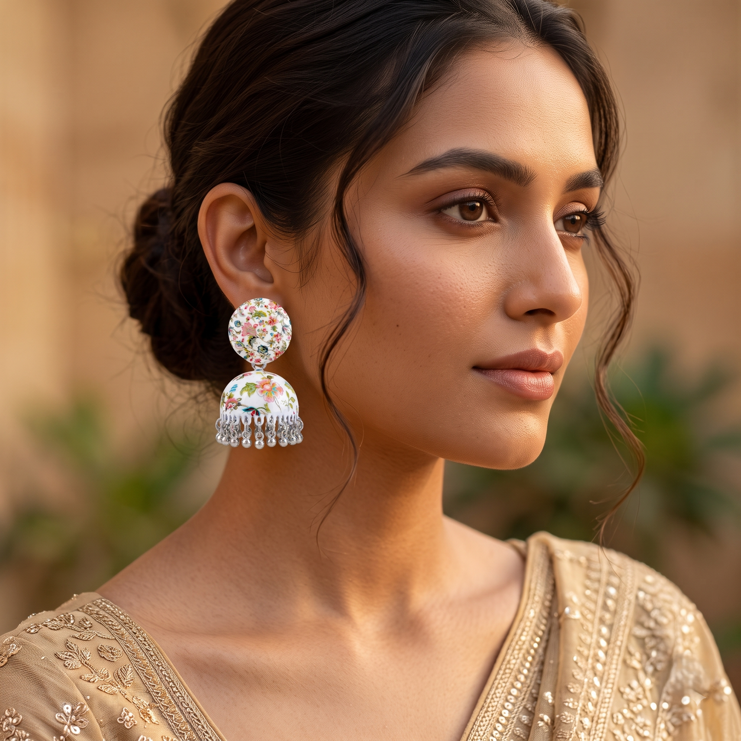 Silver Toned Brass Floral Print Jhumka Earrings