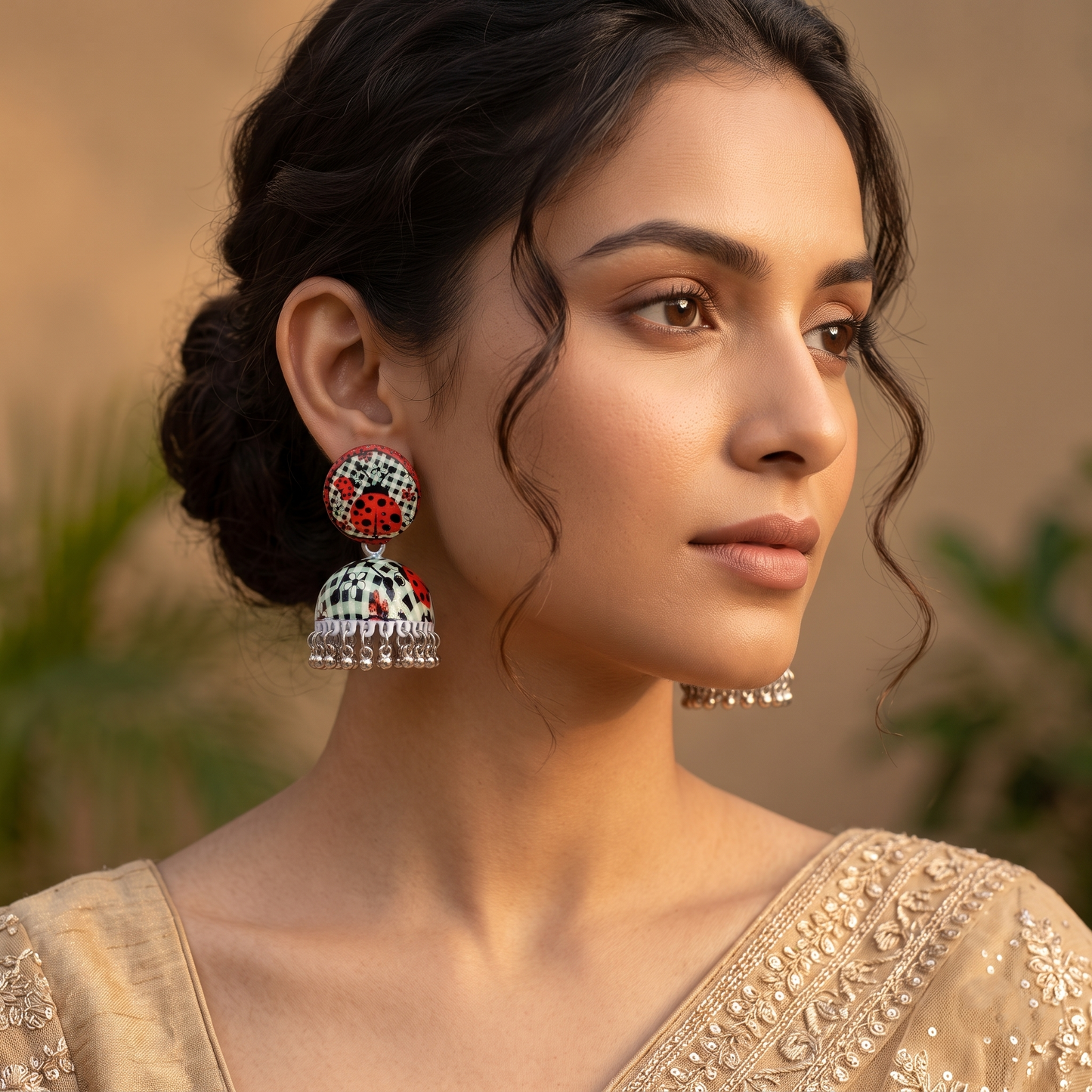 Silver Toned Brass Ladybug Print Jhumka Earrings