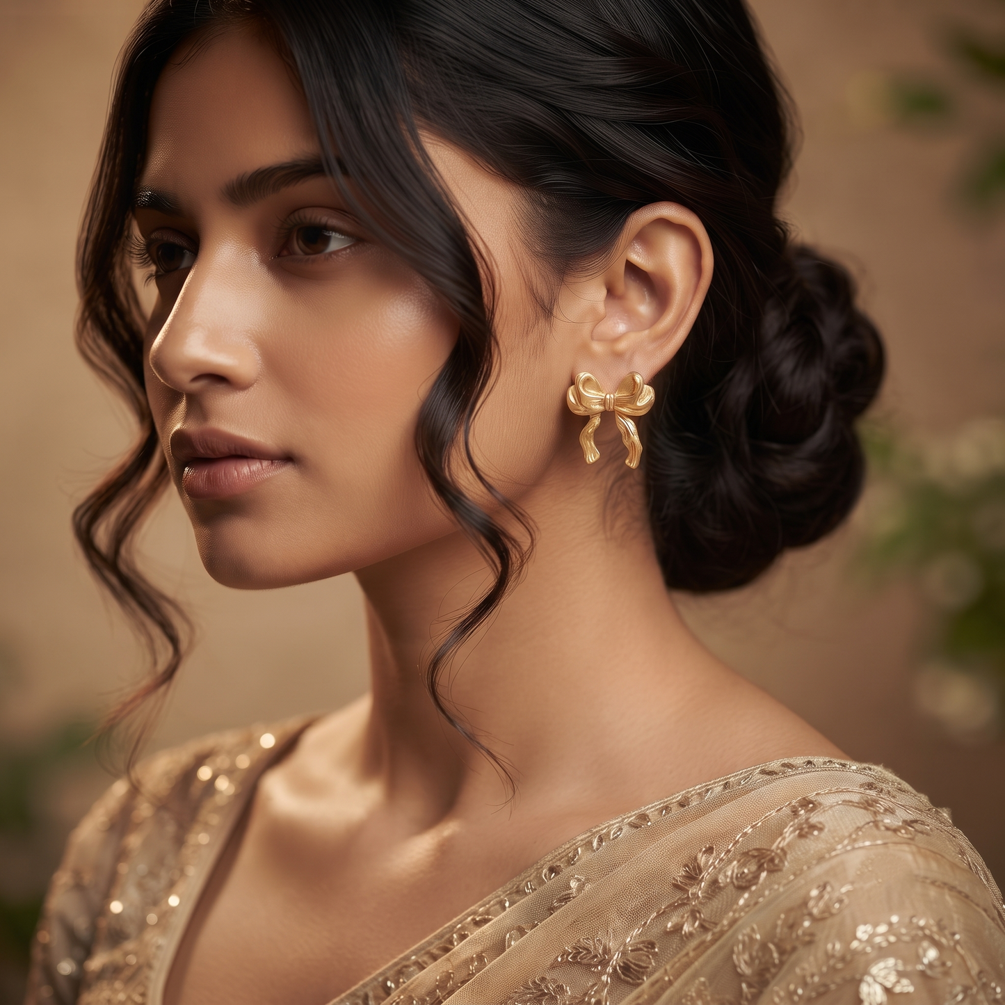 Gold Plated Brass Ribbon Bow Stud Earrings