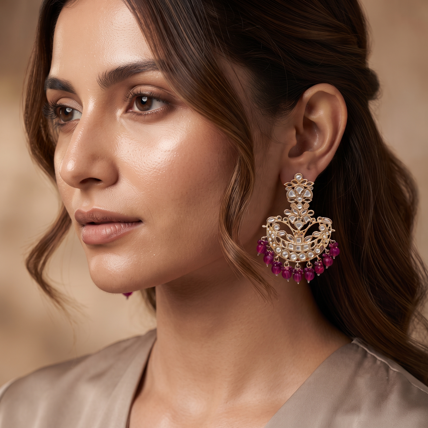 Dark Pink Chandbali Jhumka Earrings