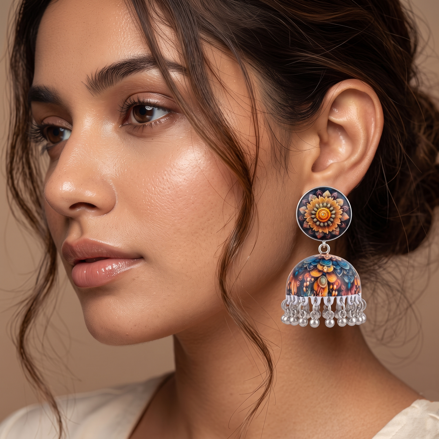 Silver Toned Brass Floral Mandala Print Jhumka Earrings