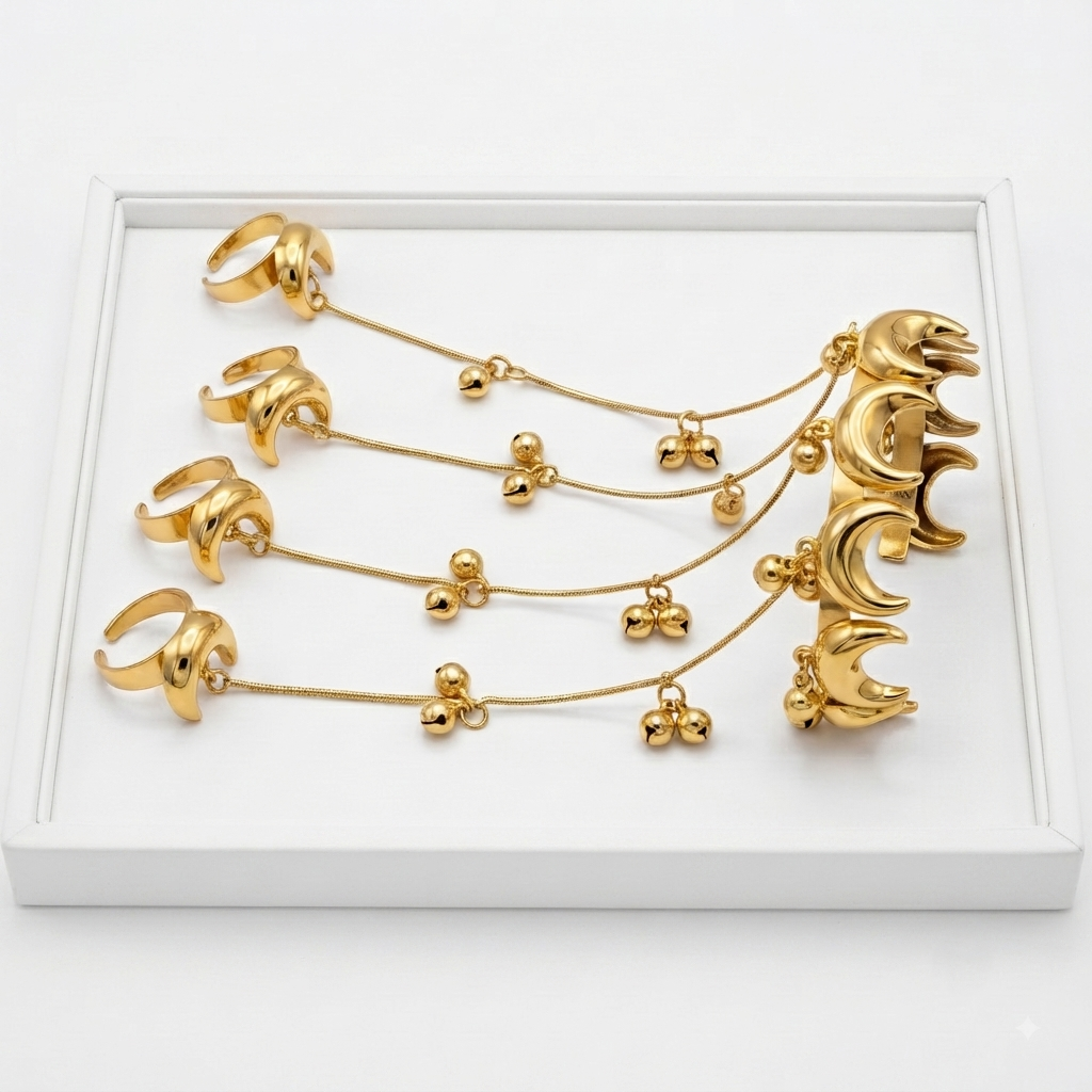 Gold Toned Brass Chain Hand Harness Bangle With Rings