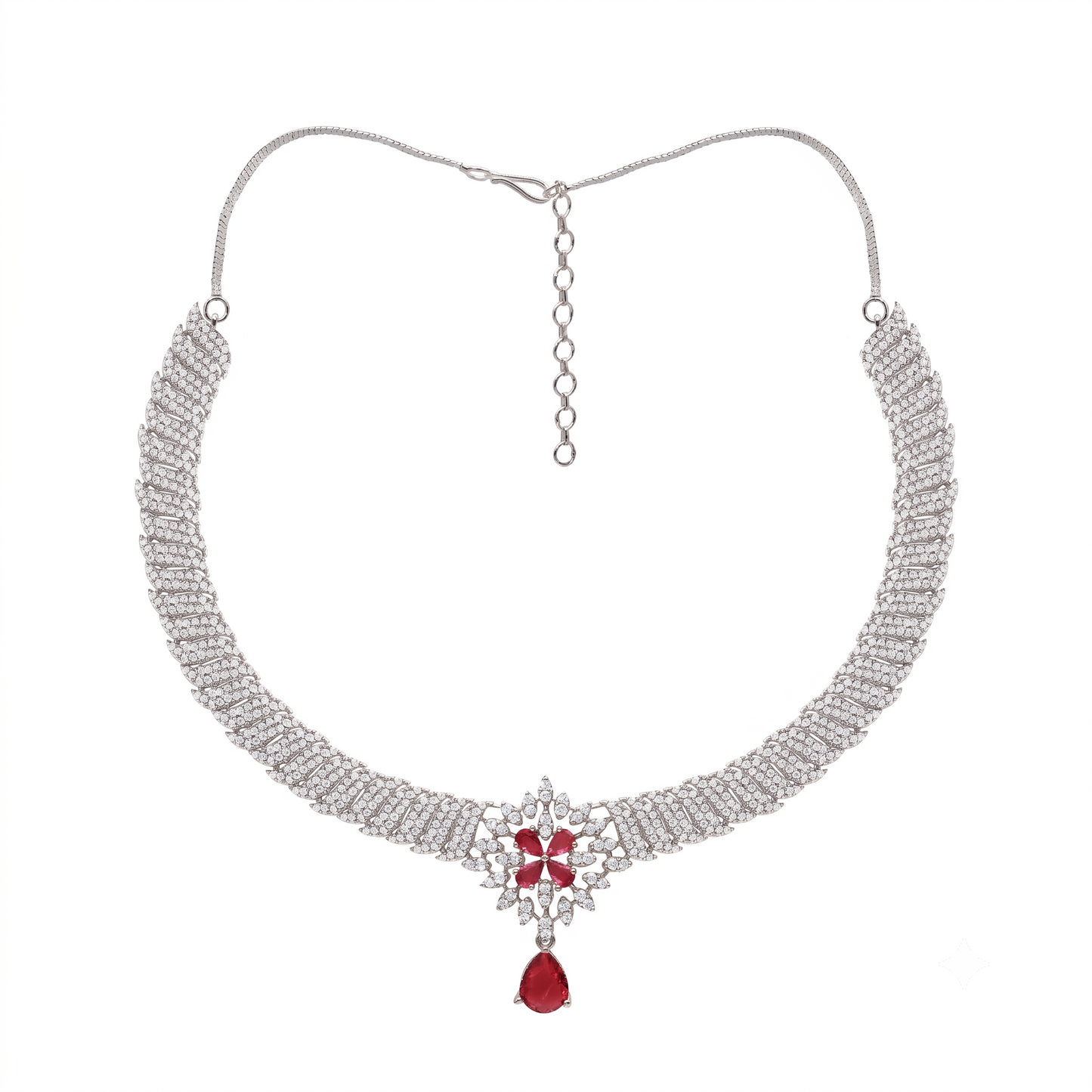 Elegant Silver-Tone Ruby Floral Necklace and Earring Set