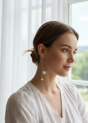 Star Charm Pearl Threader Drop Earrings By 2wist Designs