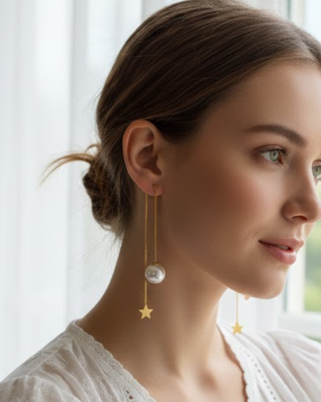 Star Charm Pearl Threader Drop Earrings