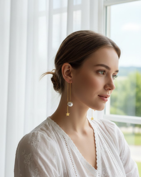 Star Charm Pearl Threader Drop Earrings By 2wist Designs