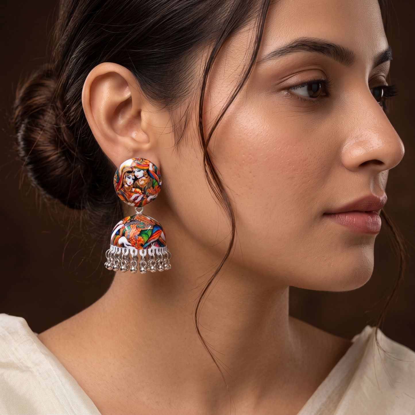 Silver Toned Brass Radha Krishna Print Jhumka Earrings