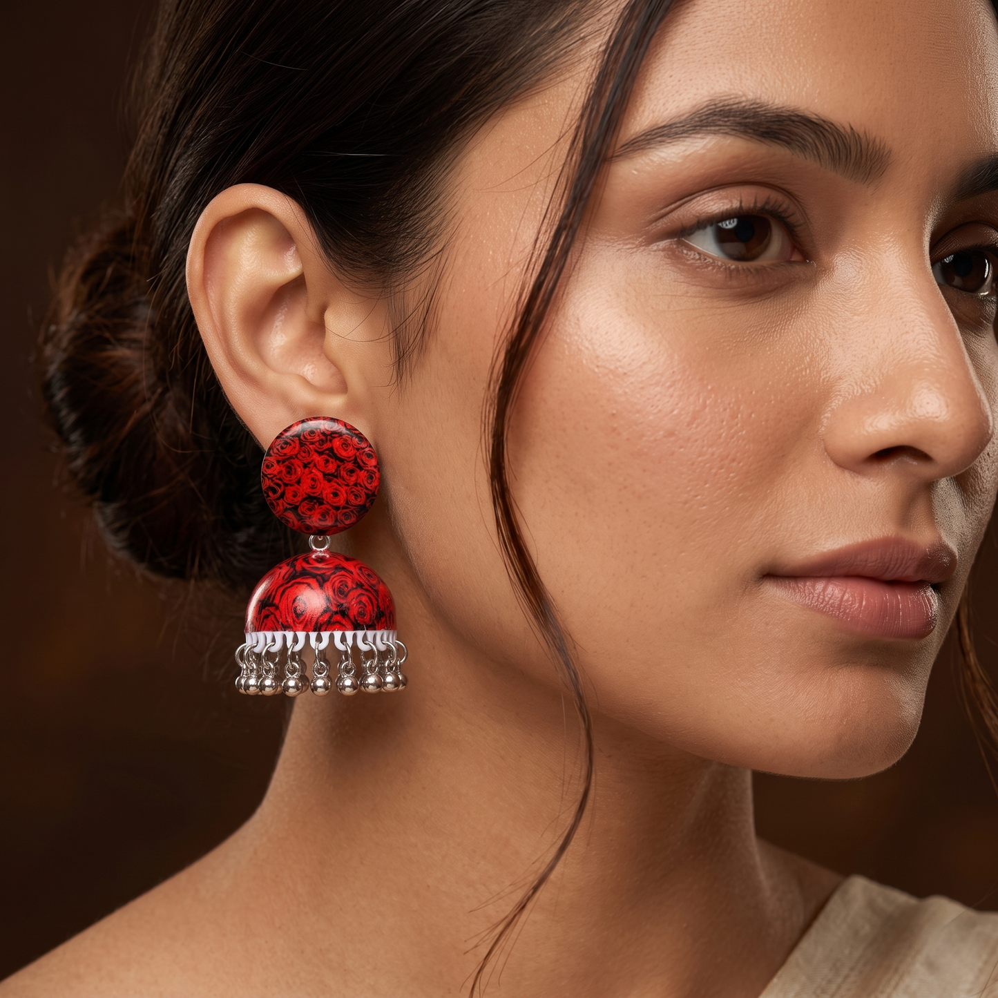 Silver Toned Brass Rose Print Jhumka Earrings