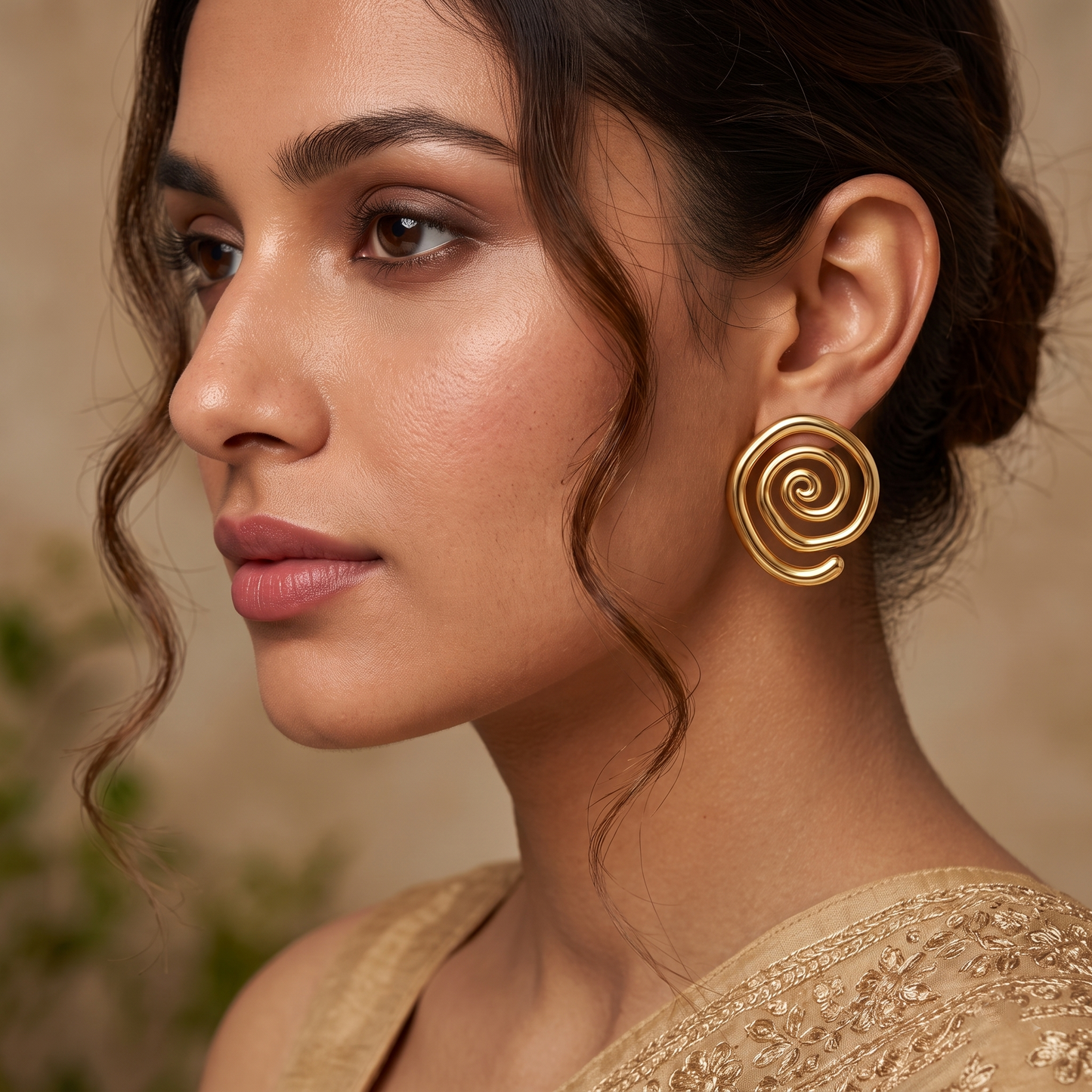 Gold Toned Brass Spiral Swirl Stud Earrings