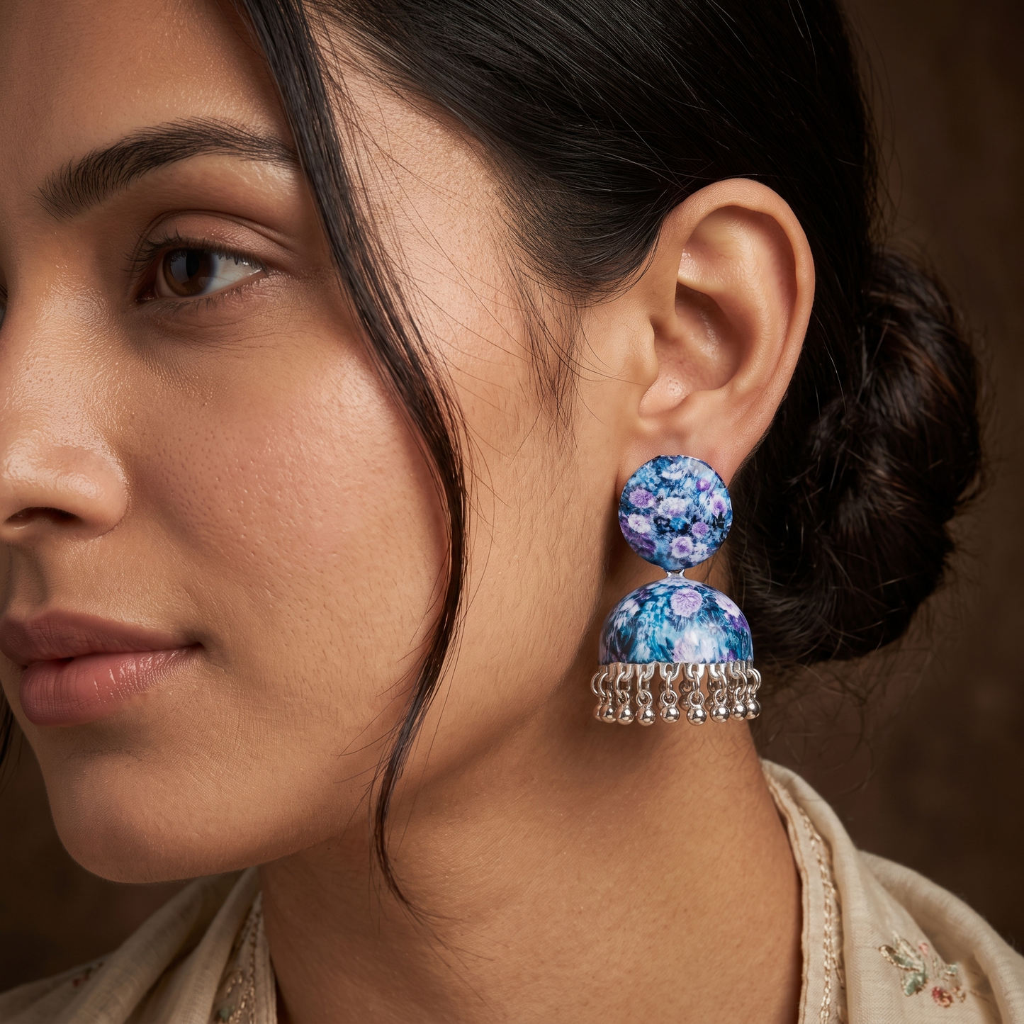 Silver Toned Brass Blue Floral Print Jhumka Earrings