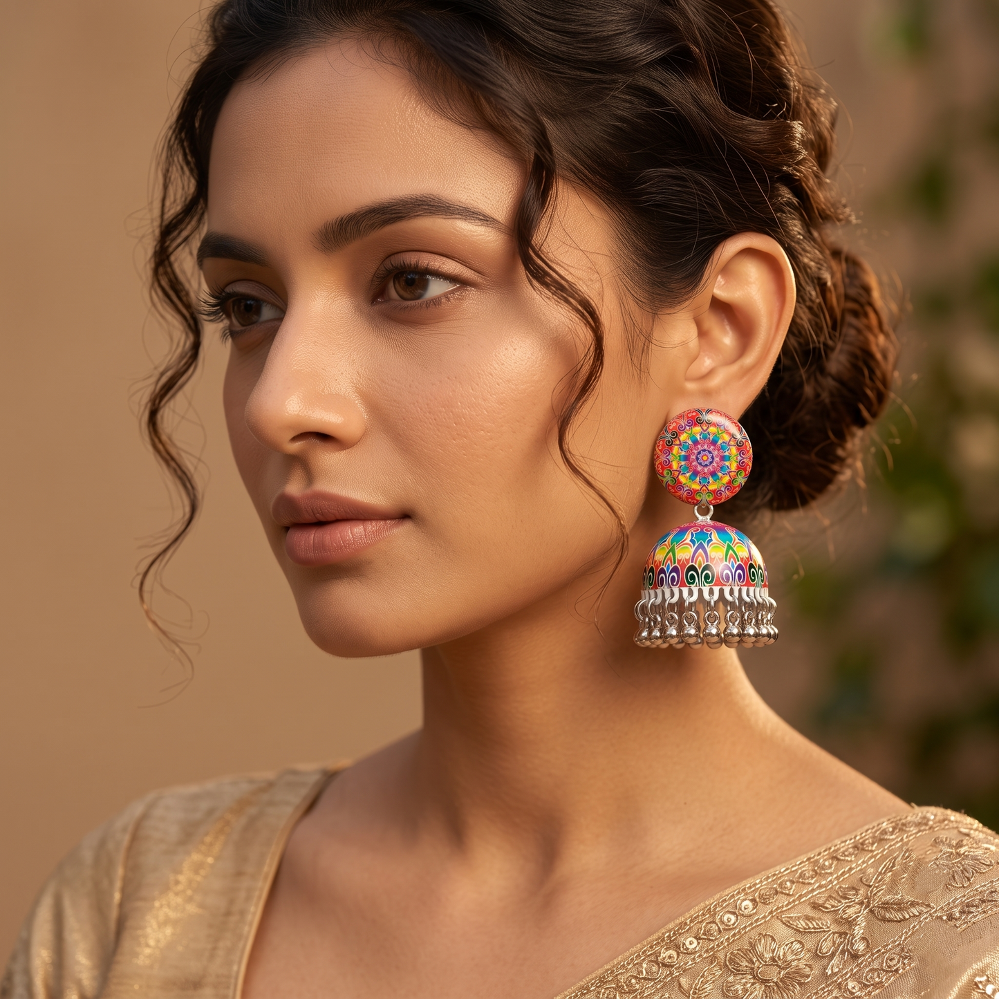 Silver Toned Brass Rainbow Mandala Print Jhumka Earrings