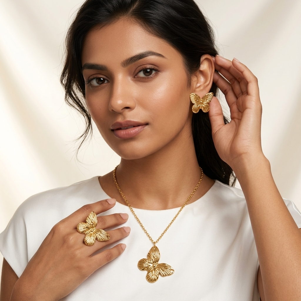 Gold Toned Brass Butterfly Necklace, Earrings And Charm Set