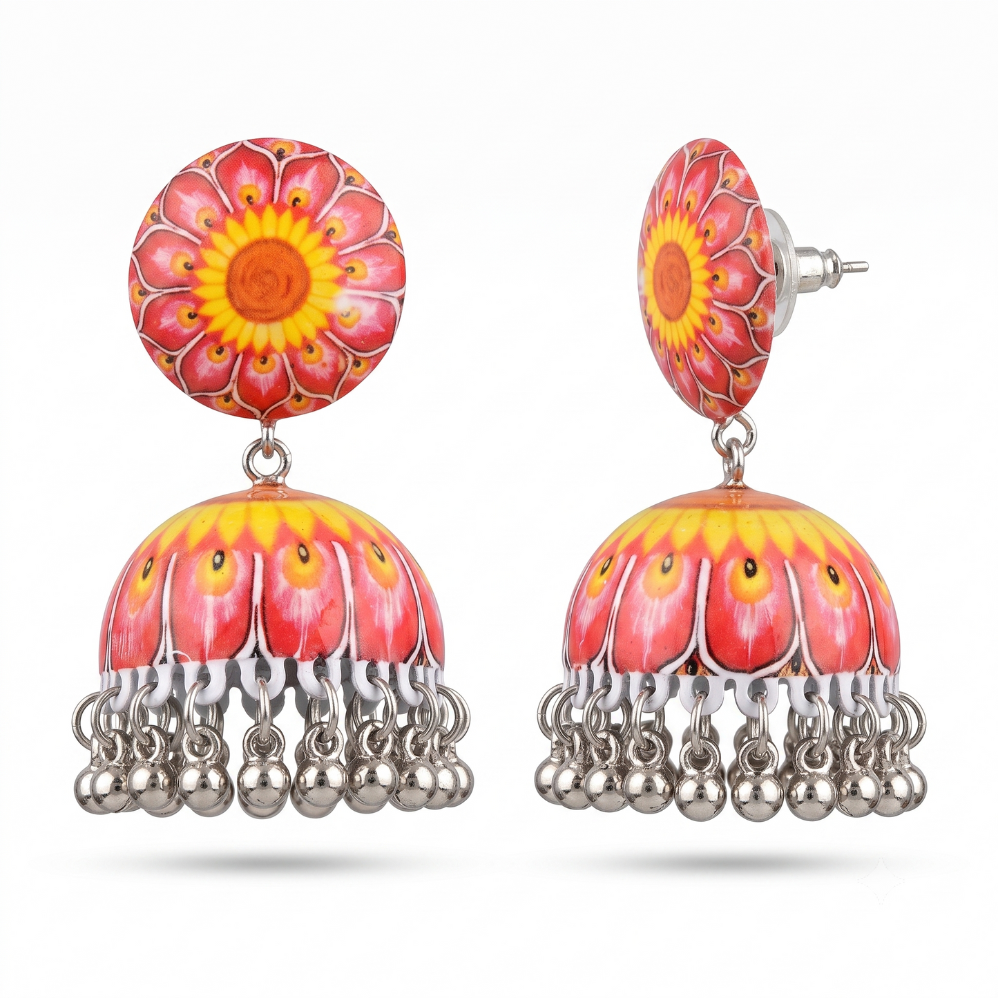 Silver Toned Brass Sunflower Print Jhumka Earrings