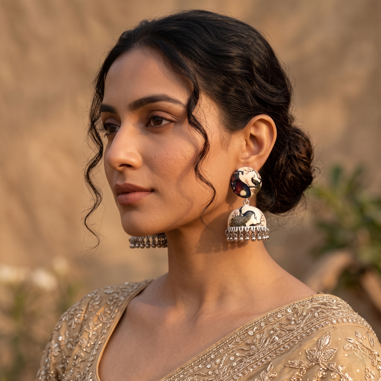 Silver Toned Brass Peacock Print Jhumka Earrings
