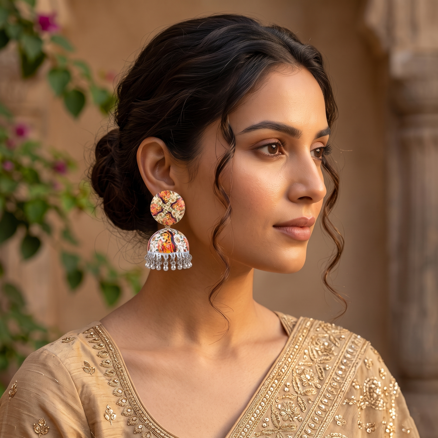 Silver Toned Brass Orange Floral Print Jhumka Earrings