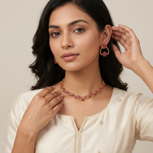 Gold-Tone Oval Link and Floral Ruby Stone Necklace Set