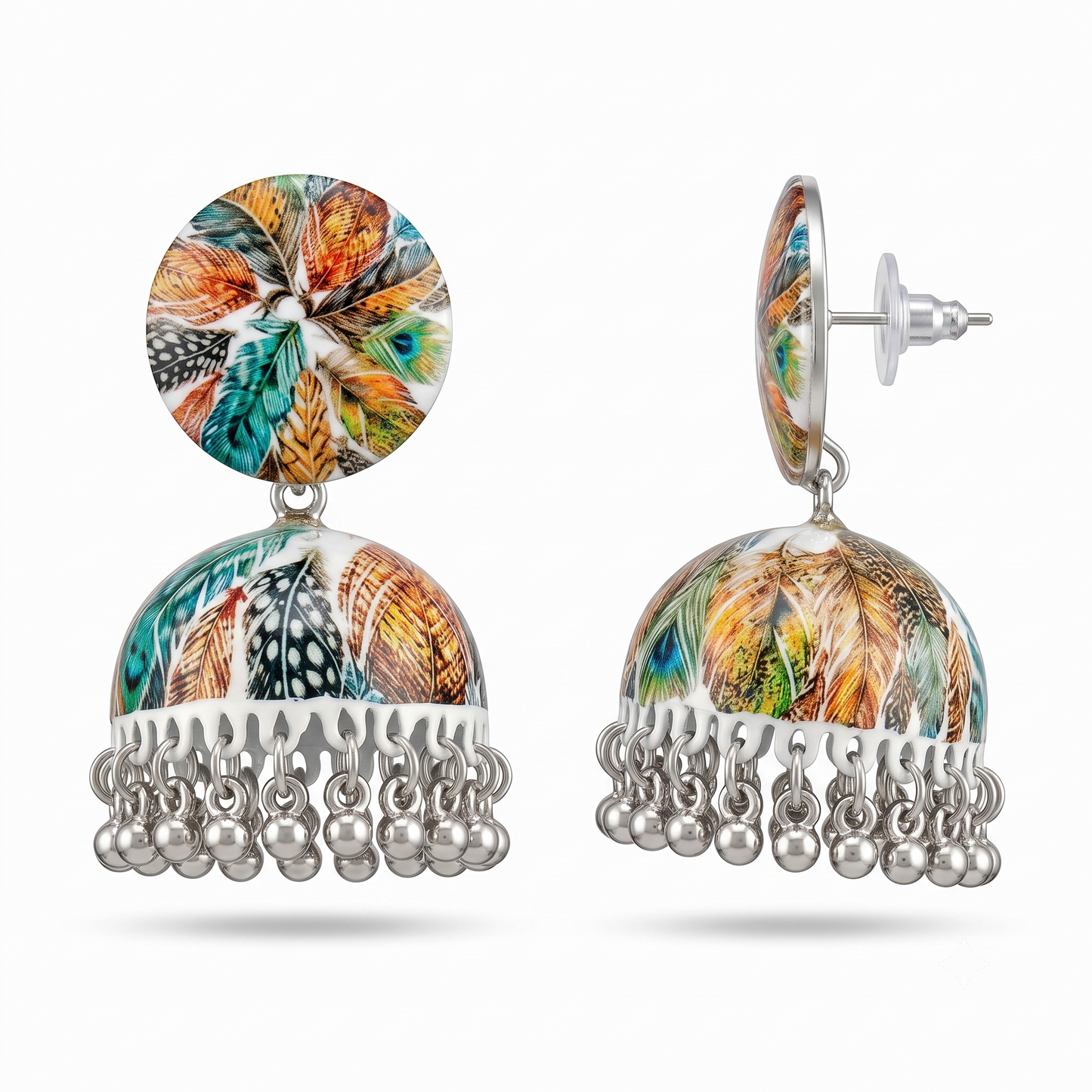 Silver Toned Brass Abstract Print Jhumka Earrings