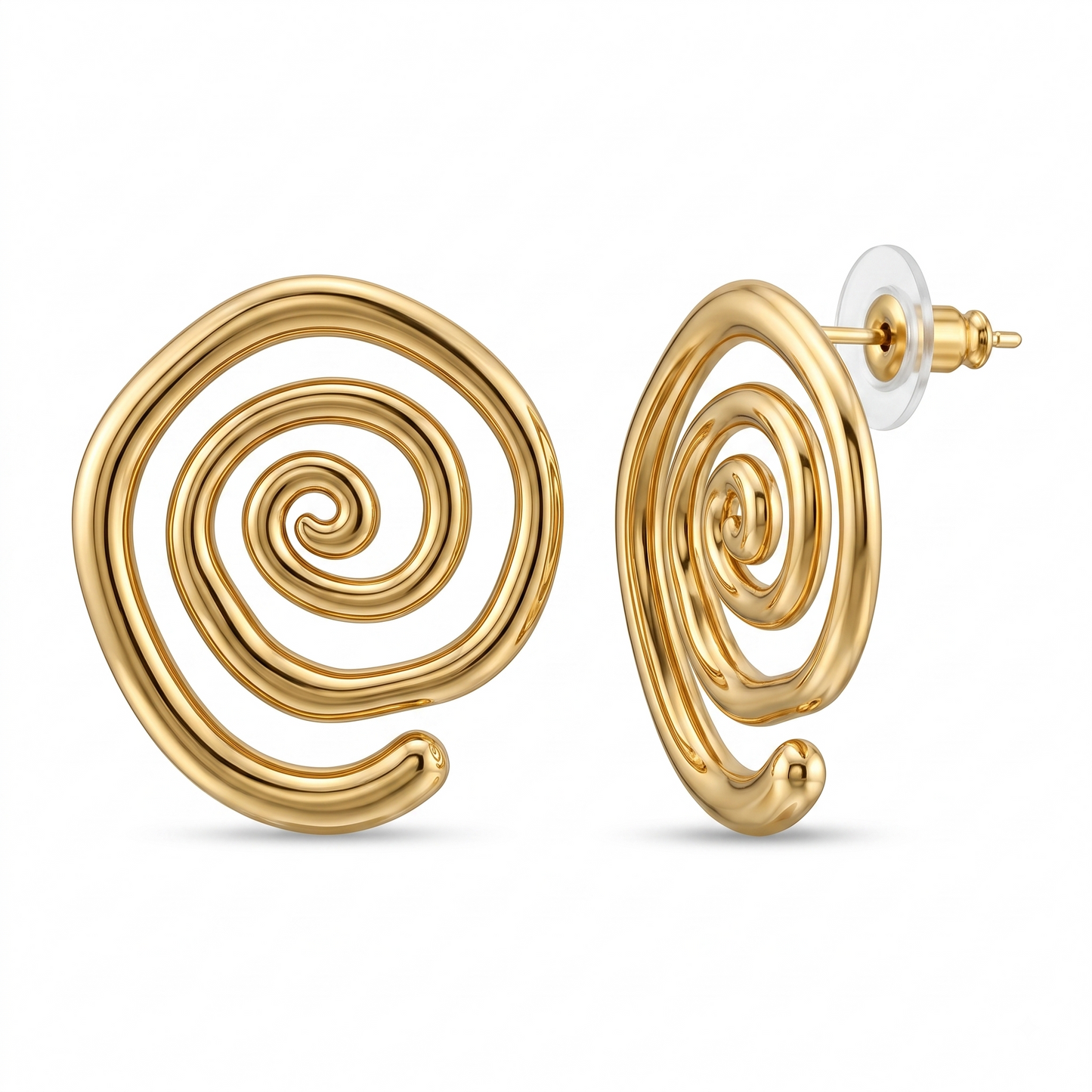Gold Toned Brass Spiral Swirl Stud Earrings