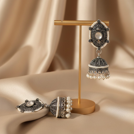 White Stone Pearl Jhumka Earrings By 2wist Designs