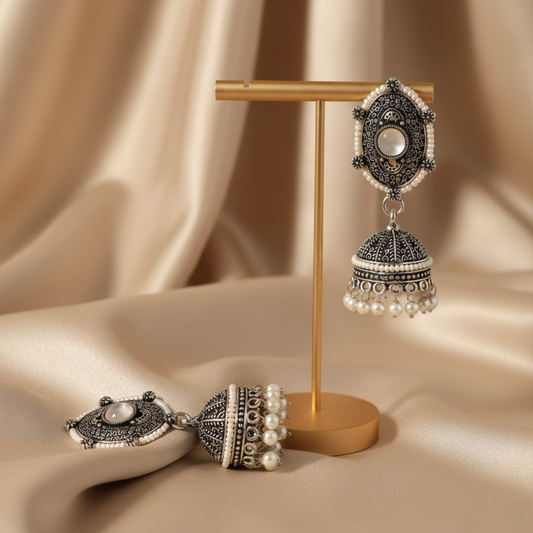 White Stone Pearl Jhumka Earrings