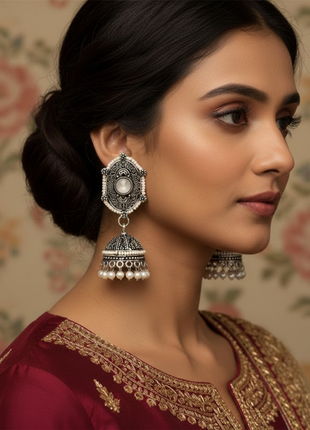 White Stone Pearl Jhumka Earrings By 2wist Designs