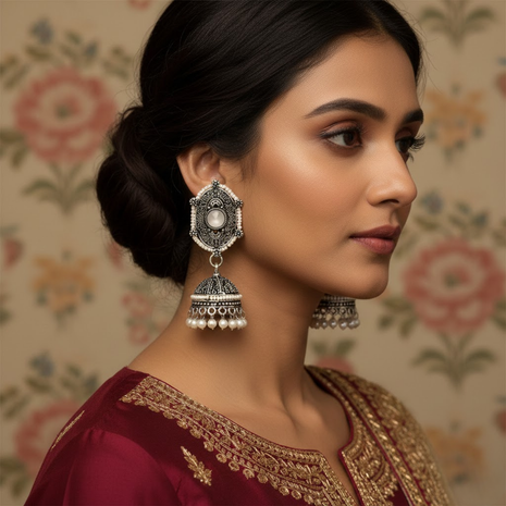 White Stone Pearl Jhumka Earrings By 2wist Designs