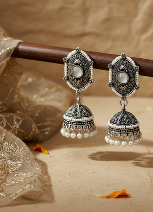 White Stone Pearl Jhumka Earrings By 2wist Designs