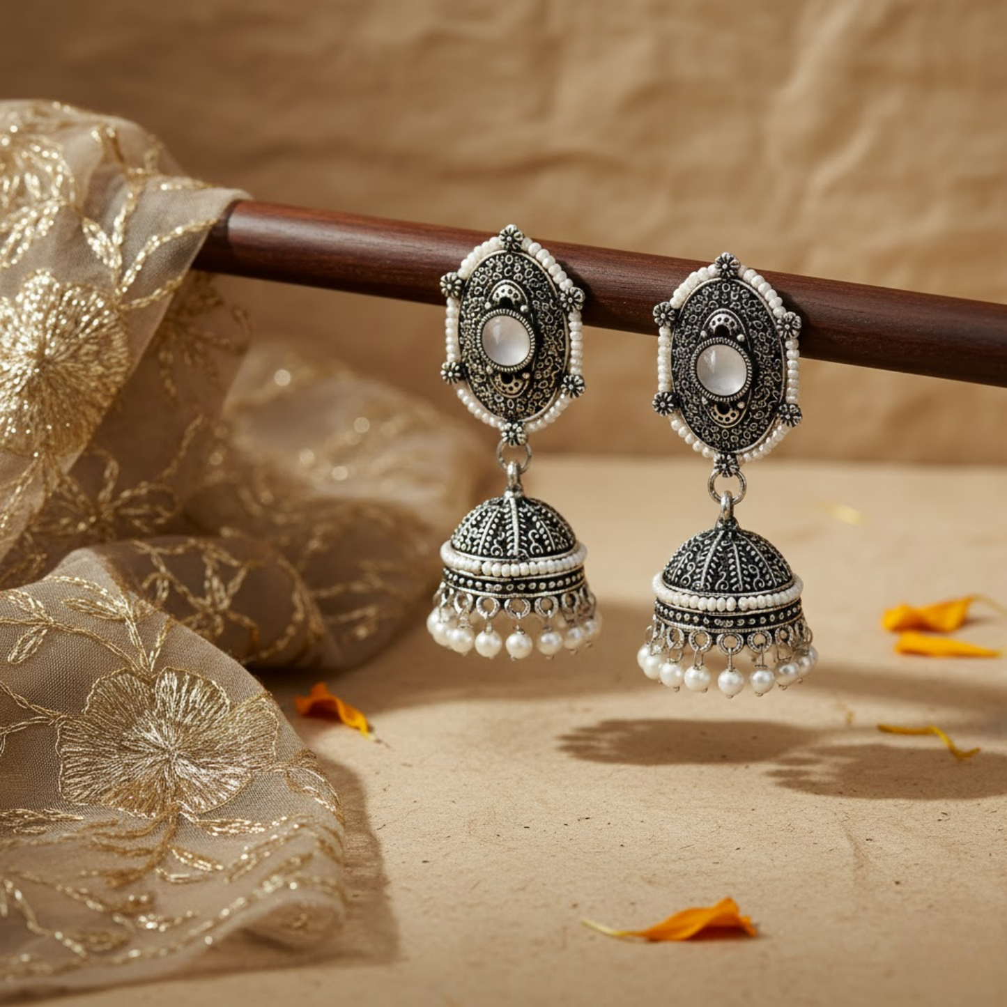 White Stone Pearl Jhumka Earrings