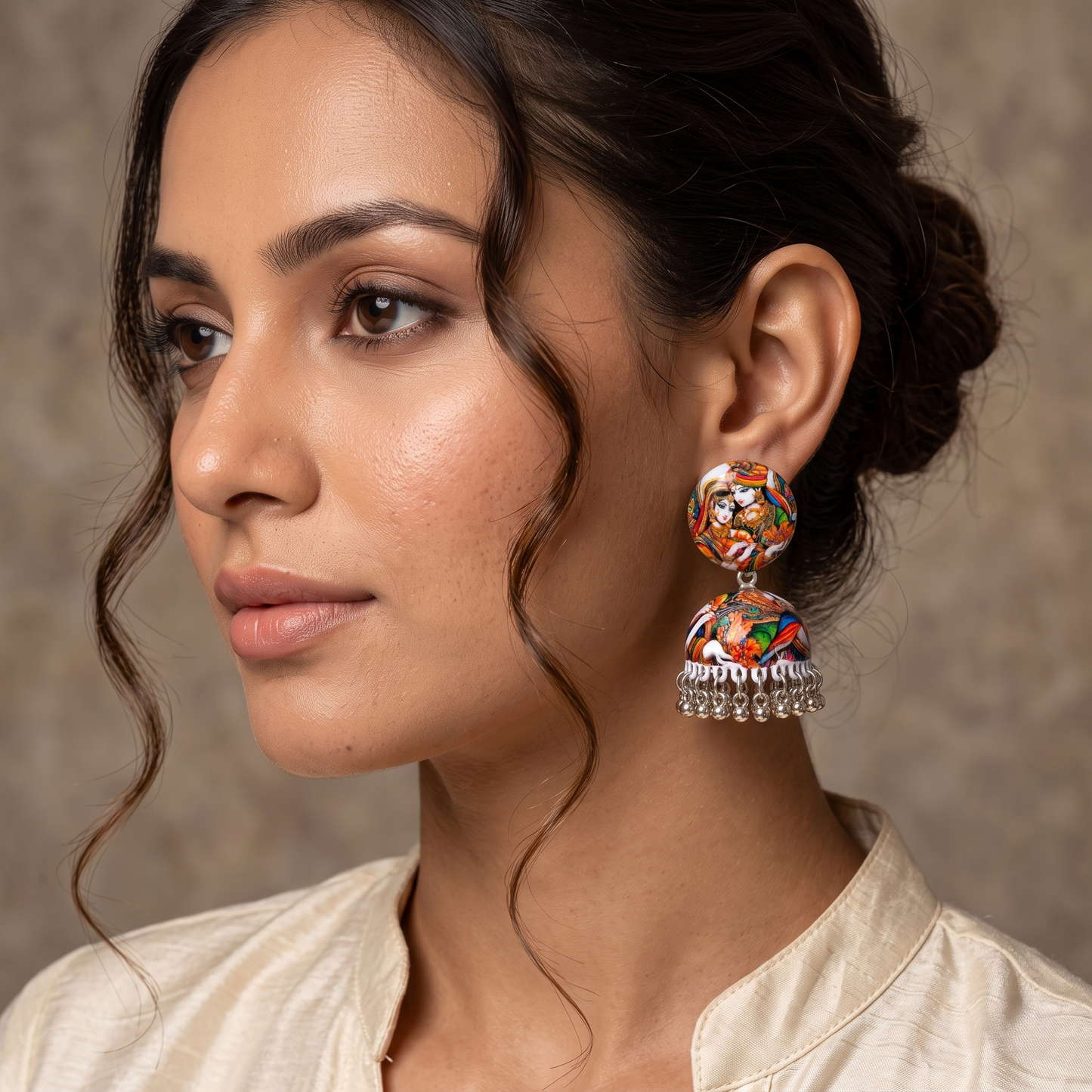 Silver Toned Brass Radha Krishna Print Jhumka Earrings