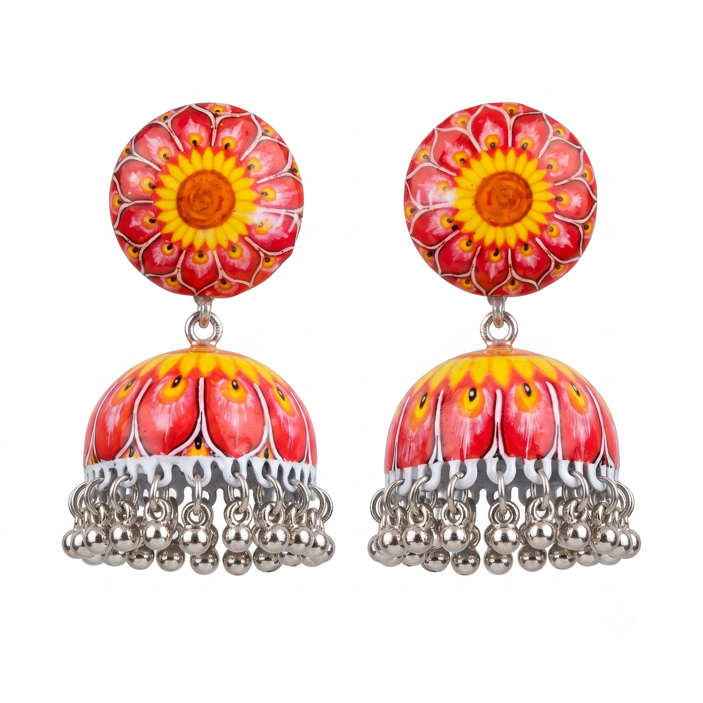 Silver Toned Brass Sunflower Print Jhumka Earrings